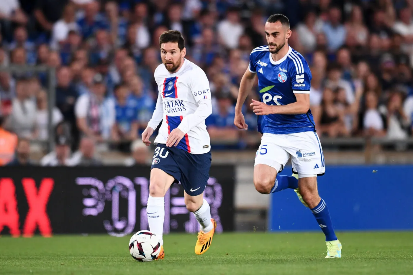 05 Lucas PERRIN (rcsa) - 30 Lionel Leo MESSI (psg) during the Ligue 1 Uber Eats match between Strasbourg and Paris at La Meinau Stadium on May 27, 2023 in Strasbourg, France. (Photo by Philipe Lecoeur/FEP/Icon Sport)