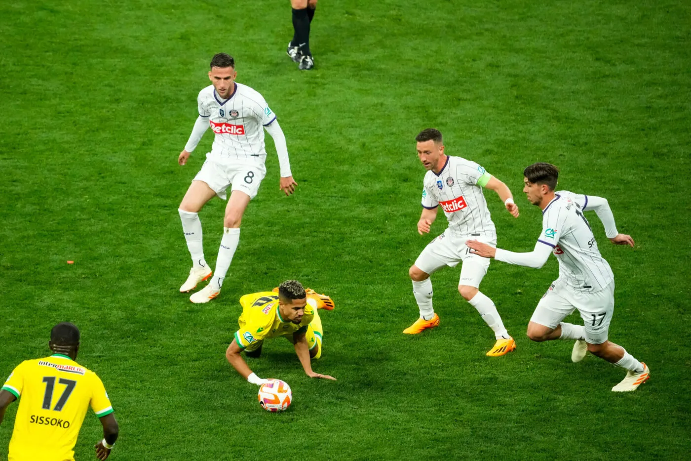 Branco VAN DEN BOOMEN of Toulouse, Brecht Emiel DEJAEGERE of Toulouse, Stijn SPIERINGS of Toulouse and Ludovic BLAS of Nantes during the Final French Cup 2023 match between Nantes and Toulouse at Stade de France on April 29, 2023 in Paris, France. (Photo by Hugo Pfeiffer/Icon Sport)