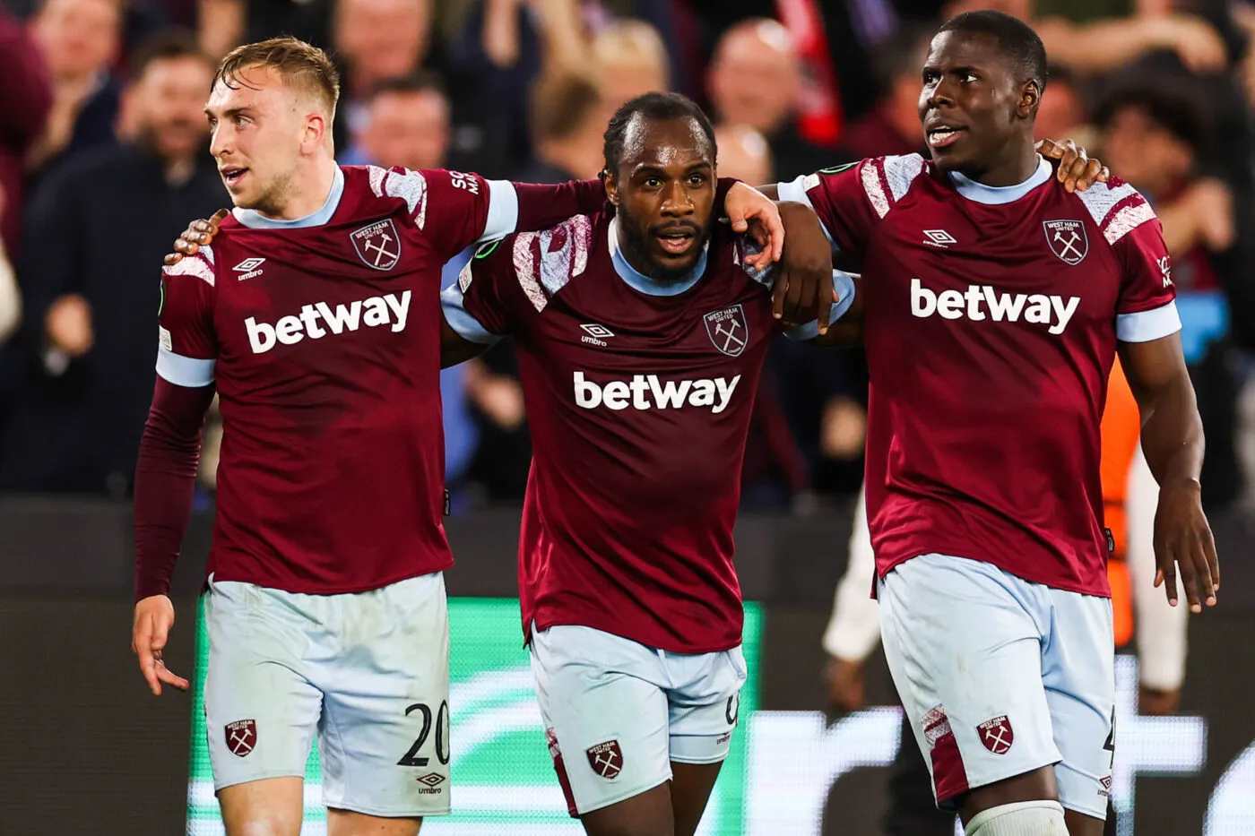 11th May 2023; London Stadium, London, England; Europa Conference League Football, Semi Final First Leg, West Ham United versus AZ Alkmaar; Michail Antonio of West Ham United celebrates with Jarrod Bowen and Kurt Zouma after he scores for 2-1 in the 75th minute - Photo by Icon sport