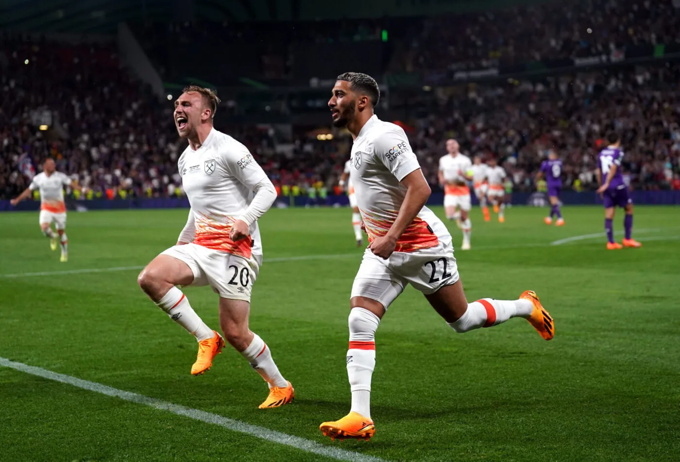 West Ham United's Said Benrahma celebrates scoring the opening goal with Jarrod Bowen during the UEFA Europa Conference League Final at the Fortuna Arena, Prague. Picture date: Wednesday June 7, 2023. - Photo by Icon sport
