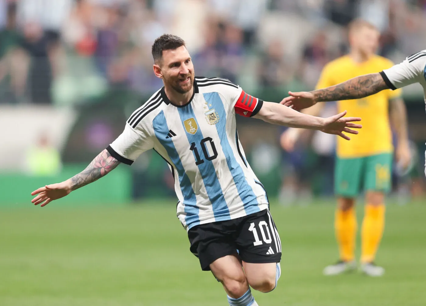 (230615) -- BEIJING, June 15, 2023 (Xinhua) -- Lionel Messi of Argentina celebrates his goal during an international football invitational between Argentina and Australia in Beijing, capital of China, June 15, 2023. (Xinhua/Jia Haocheng) - Photo by Icon sport