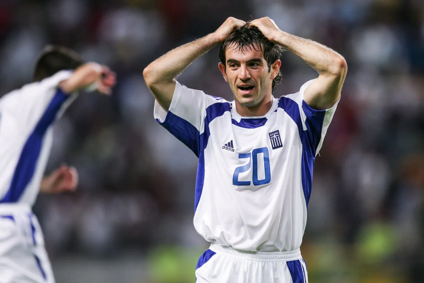 Georgios KARAGOUNIS of Greece celebrates during the Quarter Final European Championship match between France and Greece at Jose Alvalade, Lisbon, Portugal on 25 June 2004 ( Photo by Alain Gadoffre / Onze / Icon Sport )?