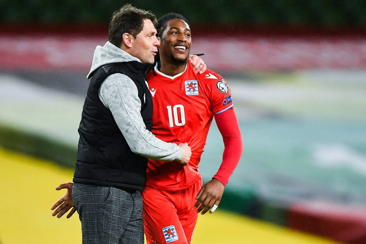 27 March 2021; Luxembourg manager Luc Holtz and Gerson Rodrigues of Luxembourg celebrate following the FIFA World Cup 2022 qualifying group A match between Republic of Ireland and Luxembourg at the Aviva Stadium in Dublin. Photo by Harry Murphy/Sportsfile 