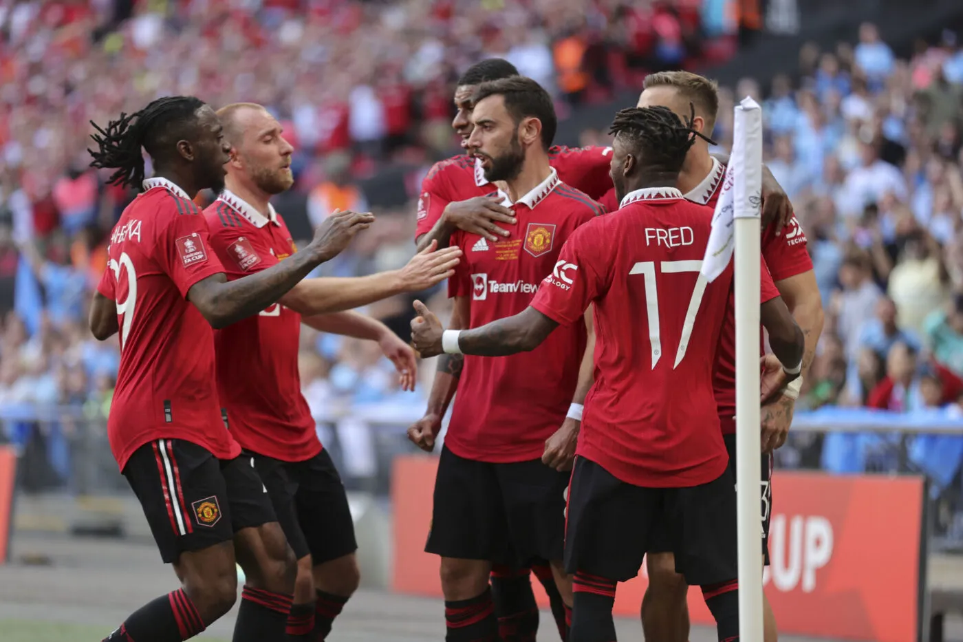 Bruno Fernandes of Manchester United celebrates scoring his sides 1st goal from the penalty spot during the FA Cup Final between Manchester City and Manchester United at Wembley Stadium, London