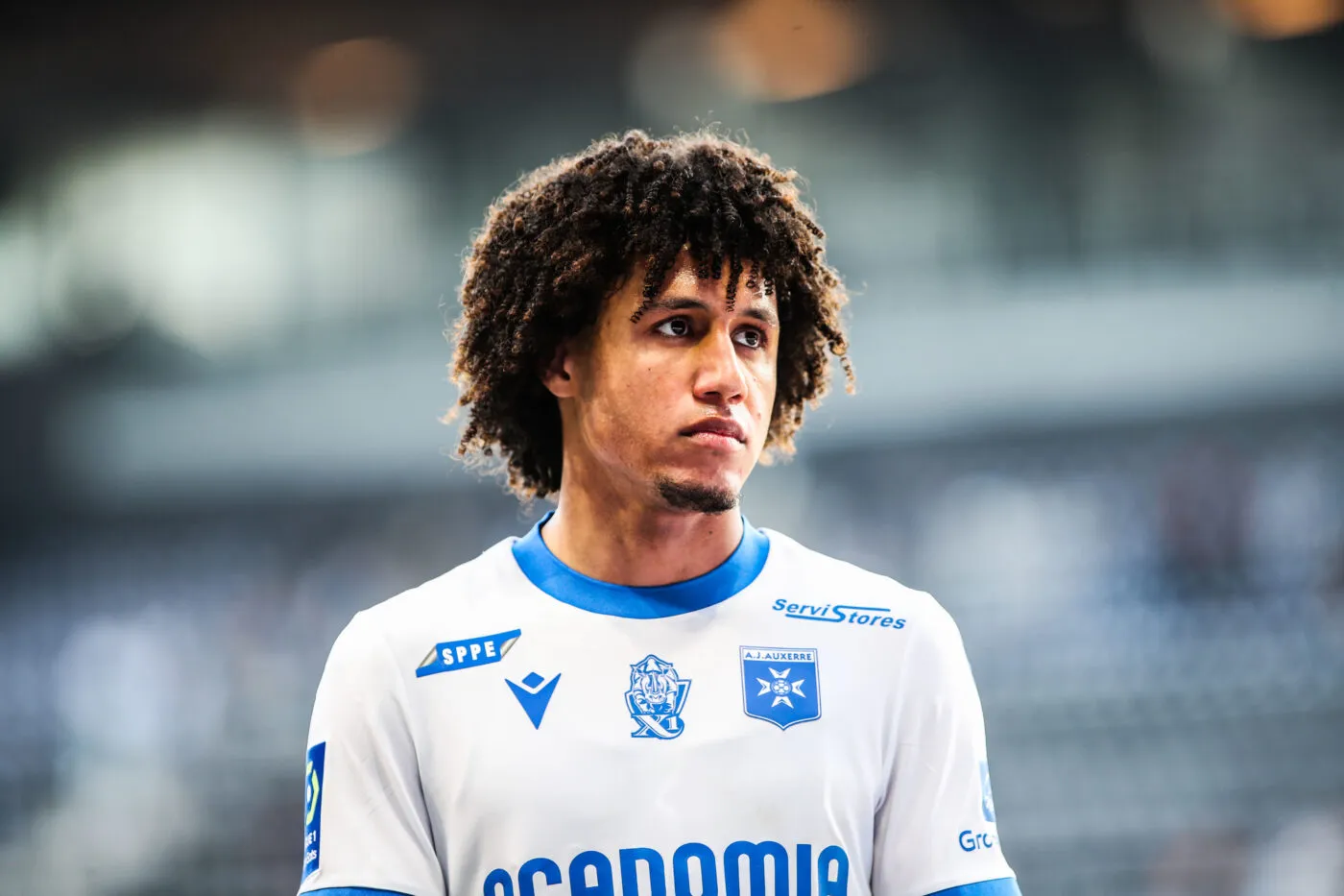 Han Noah MASSENGO of Auxerre during the Ligue 1 Uber Eats match between Angers and Auxerre at Stade Raymond Kopa on February 12, 2023 in Angers, France. (Photo by Maxime Le Pihif/Icon Sport)