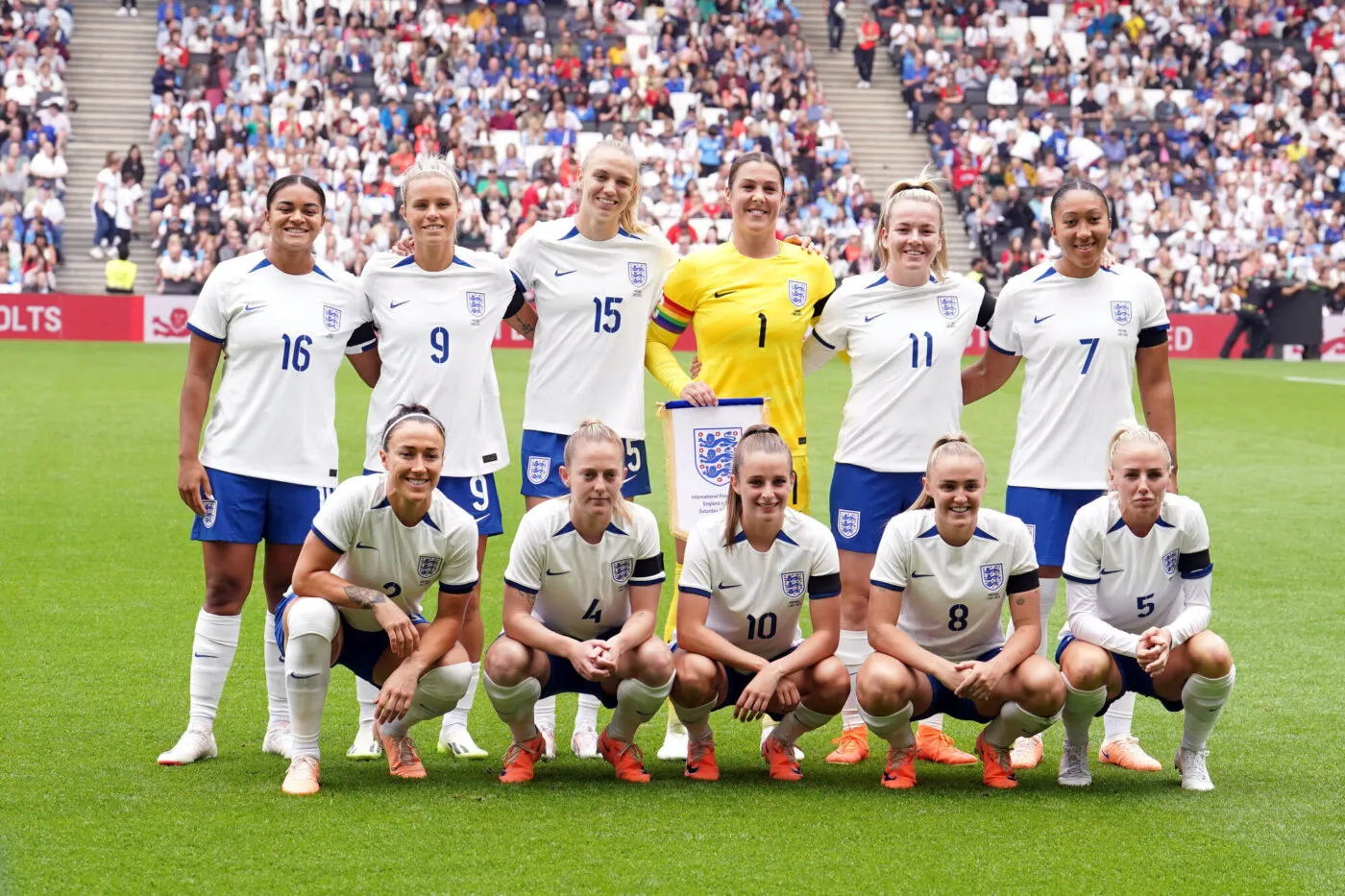 (left to right, back to front) England's Jess Carter, Rachel Daly, Esme Morgan, goalkeeper Mary Earps, Lauren Hemp, Lauren James, Lucy Bronze, Keira Walsh, Ella Toone Georgia Stanway and Alex Greenwood before a Women's international friendly match at Stadium MK, Bletchley. Picture date: Saturday July 1, 2023. - Photo by Icon sport
