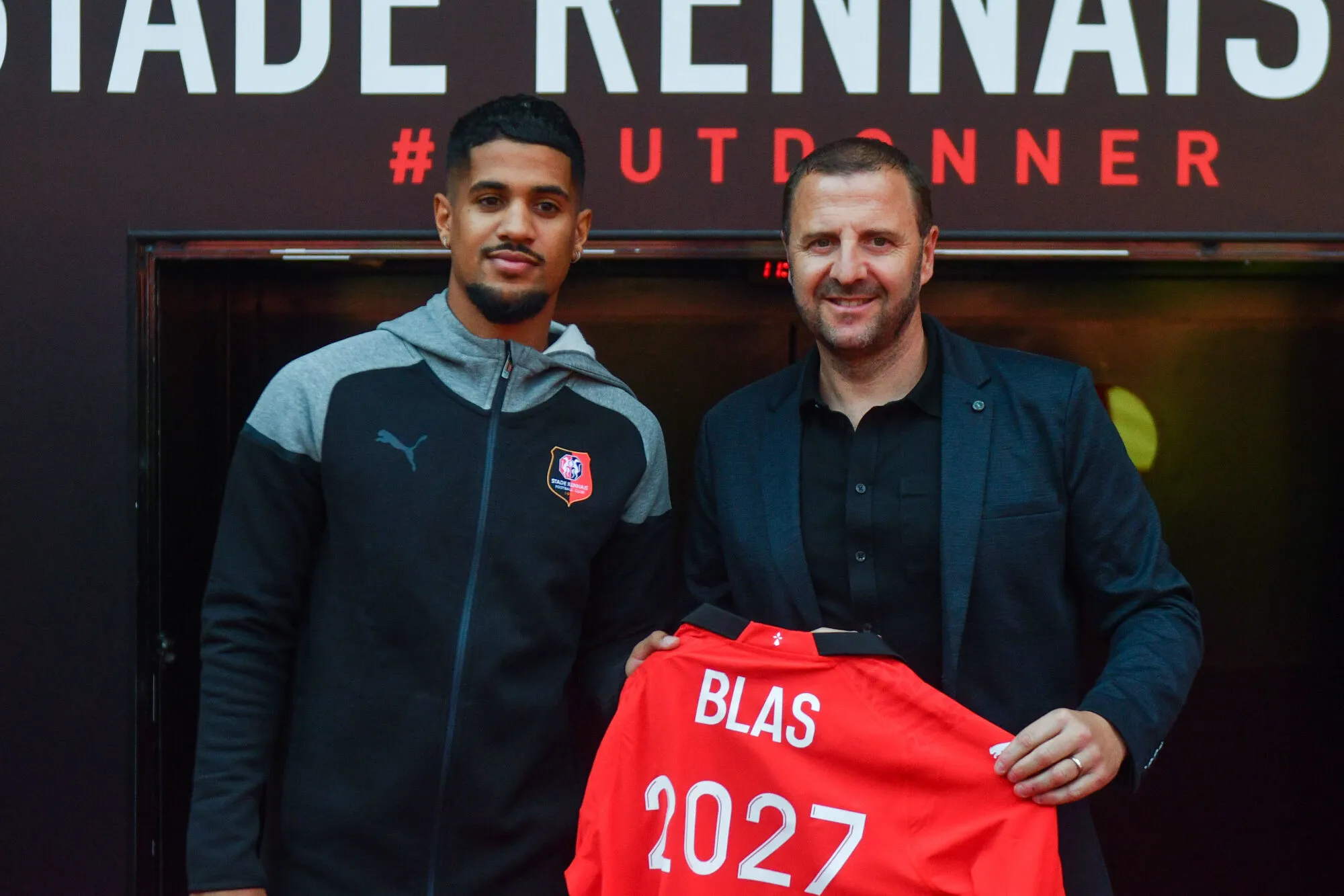 Sport director Florian MAURICE and Ludovic BLAS of Stade Rennais during the Press conference of Stade Rennais at Roazhon Park on July 6, 2023 in Rennes, France. (Photo by Philippe Le Brech/Icon Sport)