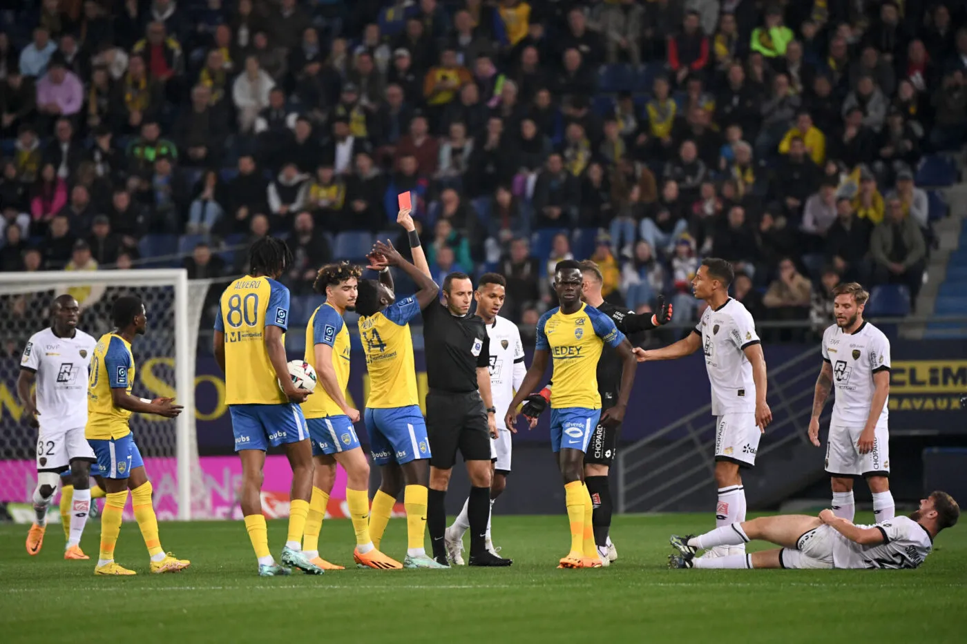 Benjamin LEPAYSANT (ARBITRE) - 28 Bryan SOUMARE (dfco) - 19 Daylam MEDDAH (fcsm) during the Ligue 2 BKT match between Sochaux and Dijon at Stade Auguste Bonal on May 1, 2023 in Montbeliard, France. (Photo by Anthony Bibard/FEP/Icon Sport)