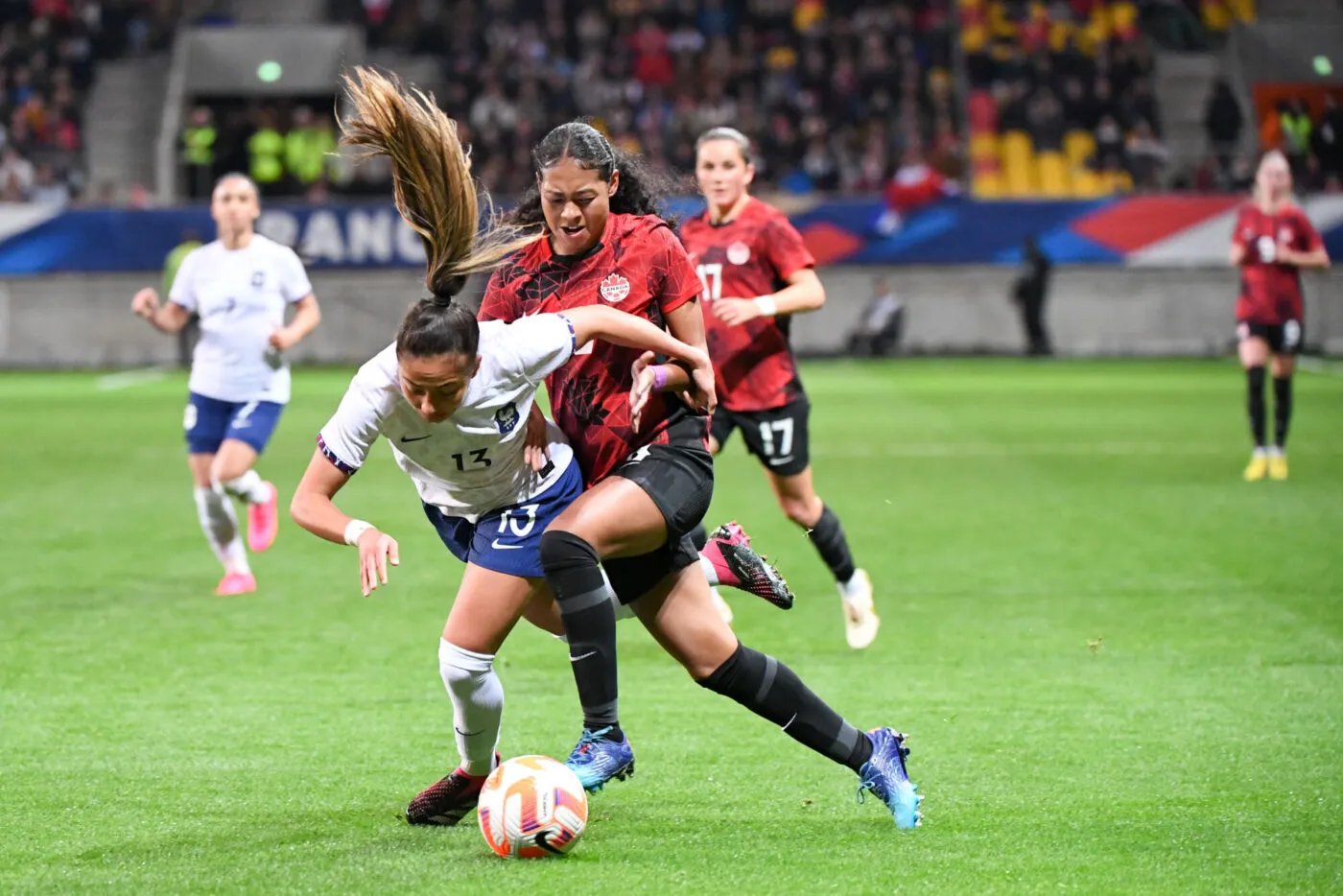 08 Jayde RIVIERE (can) - 13 Selma BACHA (fra) during the International Women's Friendly match between France and Canada on April 11, 2023 in Le Mans, France. (Photo by Anthony Bibard/FEP/Icon Sport)