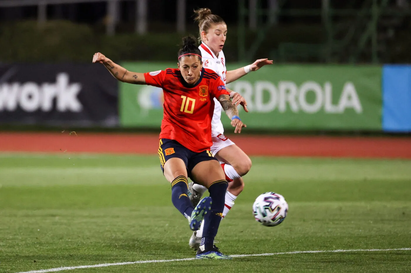 Spain's Jennifer Hermoso (L) in action during a UEFA Women EURO classifying soccer match between Spain and Poland held at the City of Football in Las Rozas, Madrid, Spain, 23 February 2021. Efe/ABACAPRESS.COM// JUANJO MARTIN 