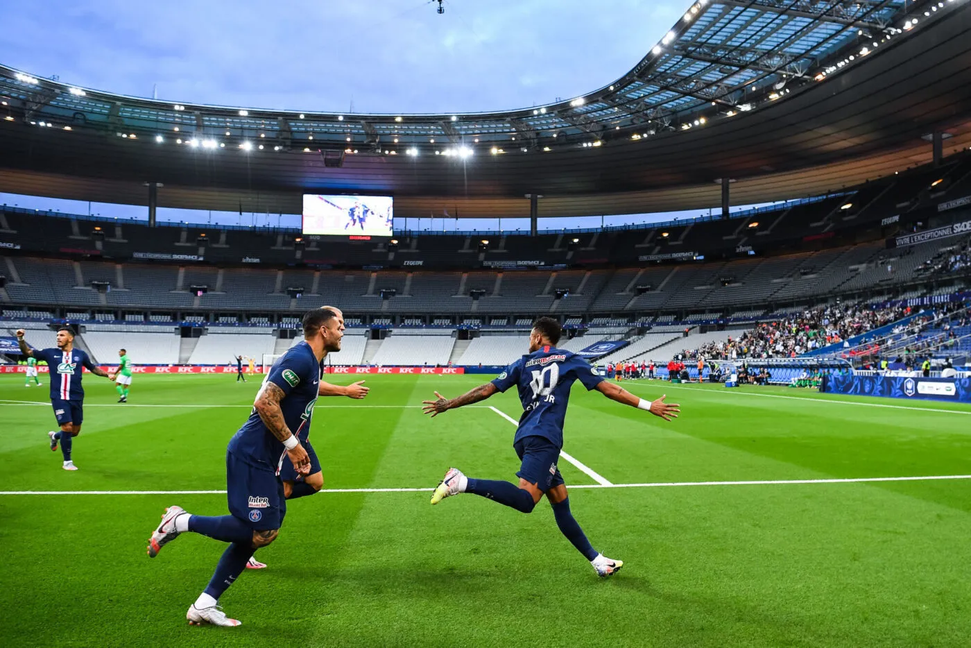 NEYMAR Jr of Paris Saint Germain celebrates his goal with  Mauro ICARDI of Paris Saint Germain and Mitchel BAKKER of Paris Saint Germain during the French Cup Final soccer match between Paris Saint Germain and Saint Etienne at Stade de France on July 24, 2020 in Paris, France. (Photo by Baptiste Fernandez/Icon Sport)