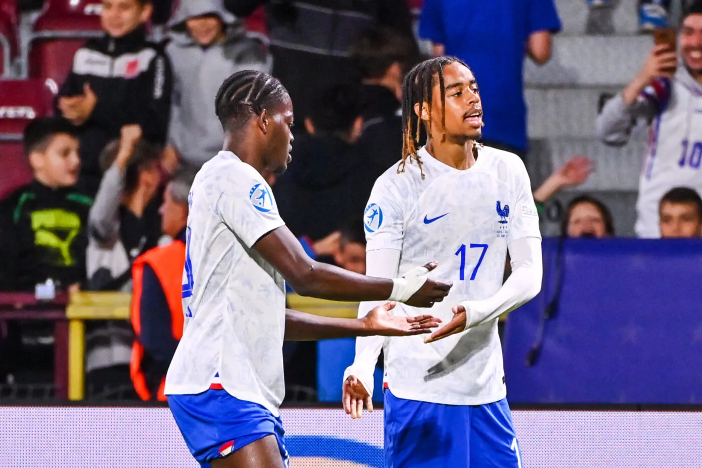 Bradley BARCOLA of France celebrates his goal with Castello LUKEBA during the U21 EURO 2023 match between Switzerland and France on June 28, 2023 in Cluj-Napoca, Romania. (Photo by Anthony Dibon/Icon Sport)