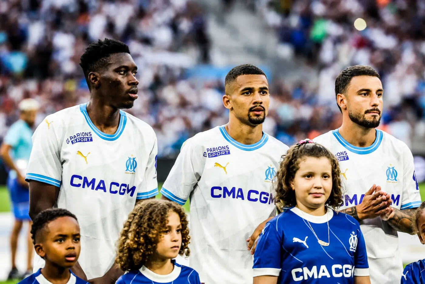 Ismaila SARR, Iliman NDIAYE, Jonathan CLAUSS of Marseille prior the friendly match between Olympique de Marseille and Bayer Leverkusen on August 2, 2023 in Marseille, France. (Photo by Johnny Fidelin/Icon Sport)