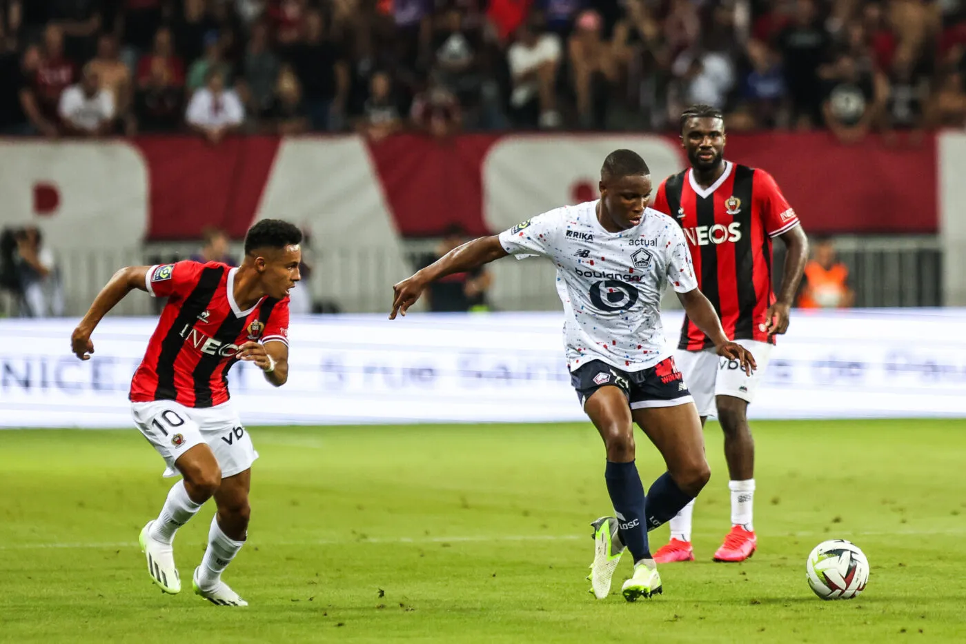Sofiane DIOP of Nice and Bafode DIAKITE of Lille during the Ligue 1 Uber Eats match between OGC Nice and LOSC Lille on August 11, 2023 at Allianz Riviera, in Nice, France. (Photo by Johnny Fidelin/Icon Sport)