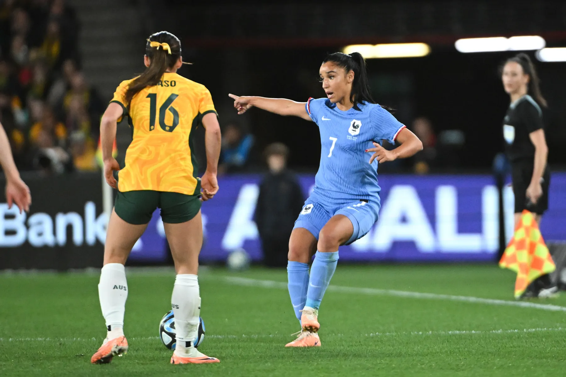 CommBank Matildas, ‘Send Off’ Match v France at Marvel Stadium in Melbourne, Australia on 14 July, 2023 Hayley Raso of Australia and Sakina Karchaoui of France in action during a friendly match between Australia and Canada ahead of the FIFA Women's World Cup.