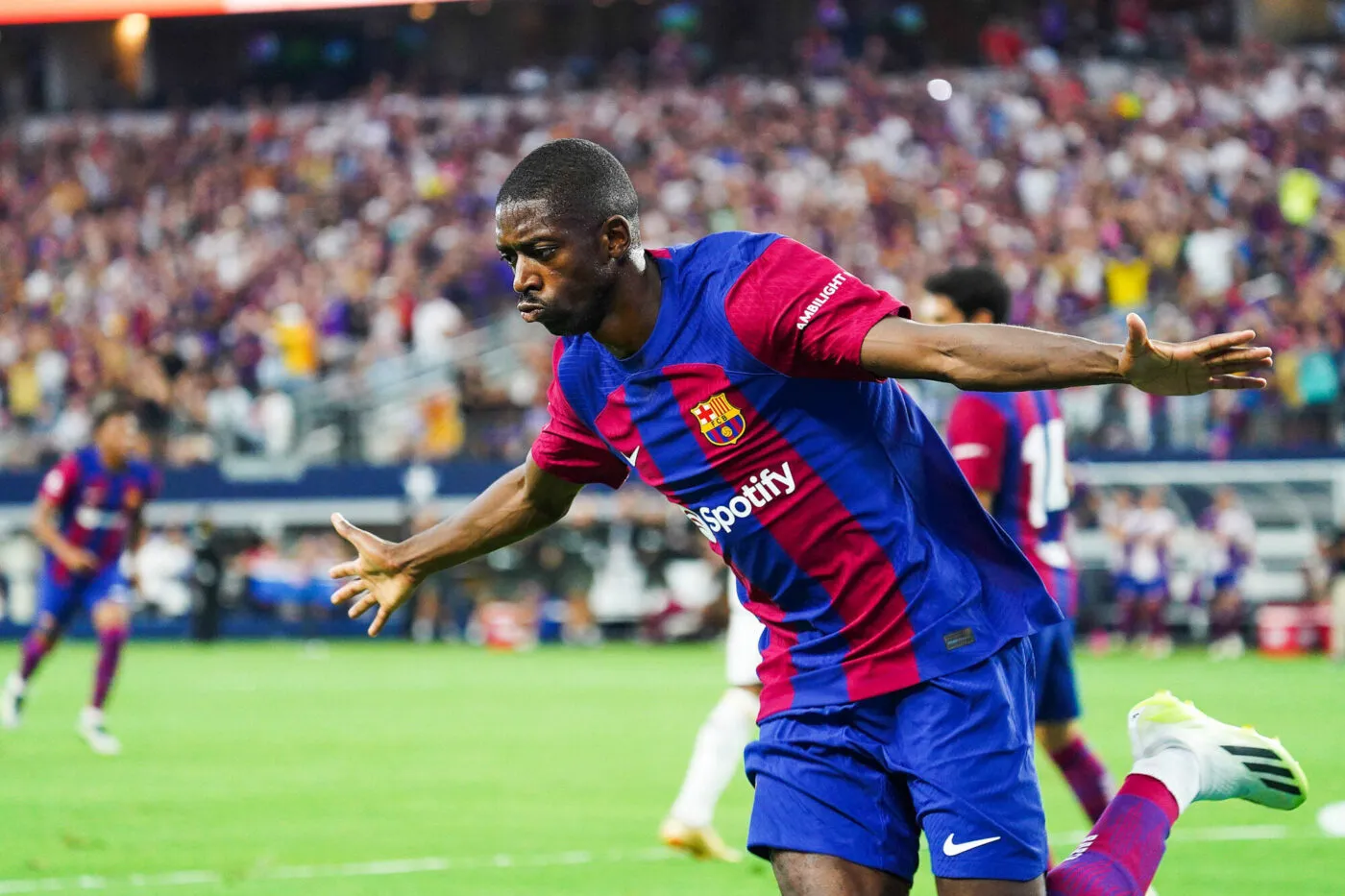 Arlington, Texas, United States: Barcelona's Ousmane Dembele celebrates his first period goal during the Soccer Champions Tour game between Barcelona and Real Madrid played at AT&amp;T Stadium on Saturday July 29, 2023. (Photo by Javier Vicencio / Eyepix Group/Sipa USA) - Photo by Icon sport