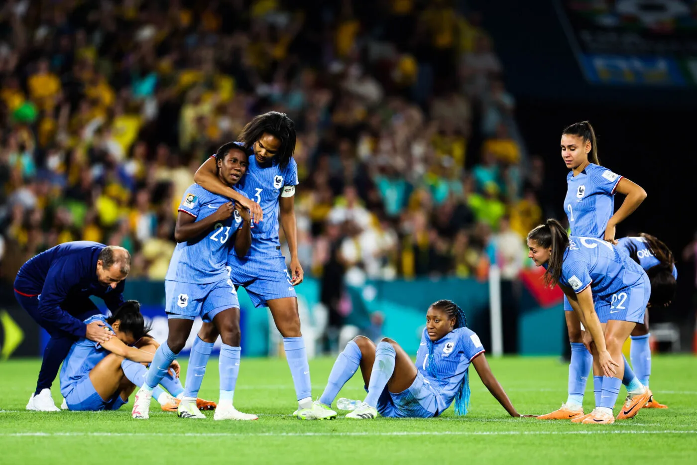 Wendie RENARD, Vicky BECHO, Kadidiatou DIANI, Maelle LAKRAR of France during the Quarter Final match between Australie and France at the 2023 FIFA Women's World Cup on August 12, 2023 in Brisbane, Australia. (Photo by Kev Nagle/Icon Sport)