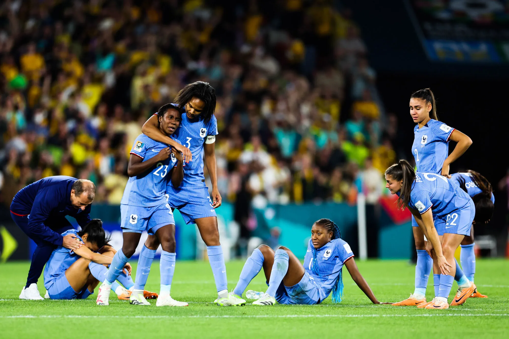 Wendie RENARD, Vicky BECHO, Kadidiatou DIANI, Maelle LAKRAR of France during the Quarter Final match between Australie and France at the 2023 FIFA Women's World Cup on August 12, 2023 in Brisbane, Australia. (Photo by Kev Nagle/Icon Sport)