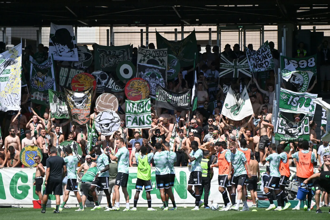 Equipe de football de Saint-Etienne ASSE during the Ligue 2 BKT match between Rodez and Saint Etienne at Paul Lignon Stadium on August 12, 2023 in Rodez, France. (Photo by Sylvain Thomas/FEP/Icon Sport)