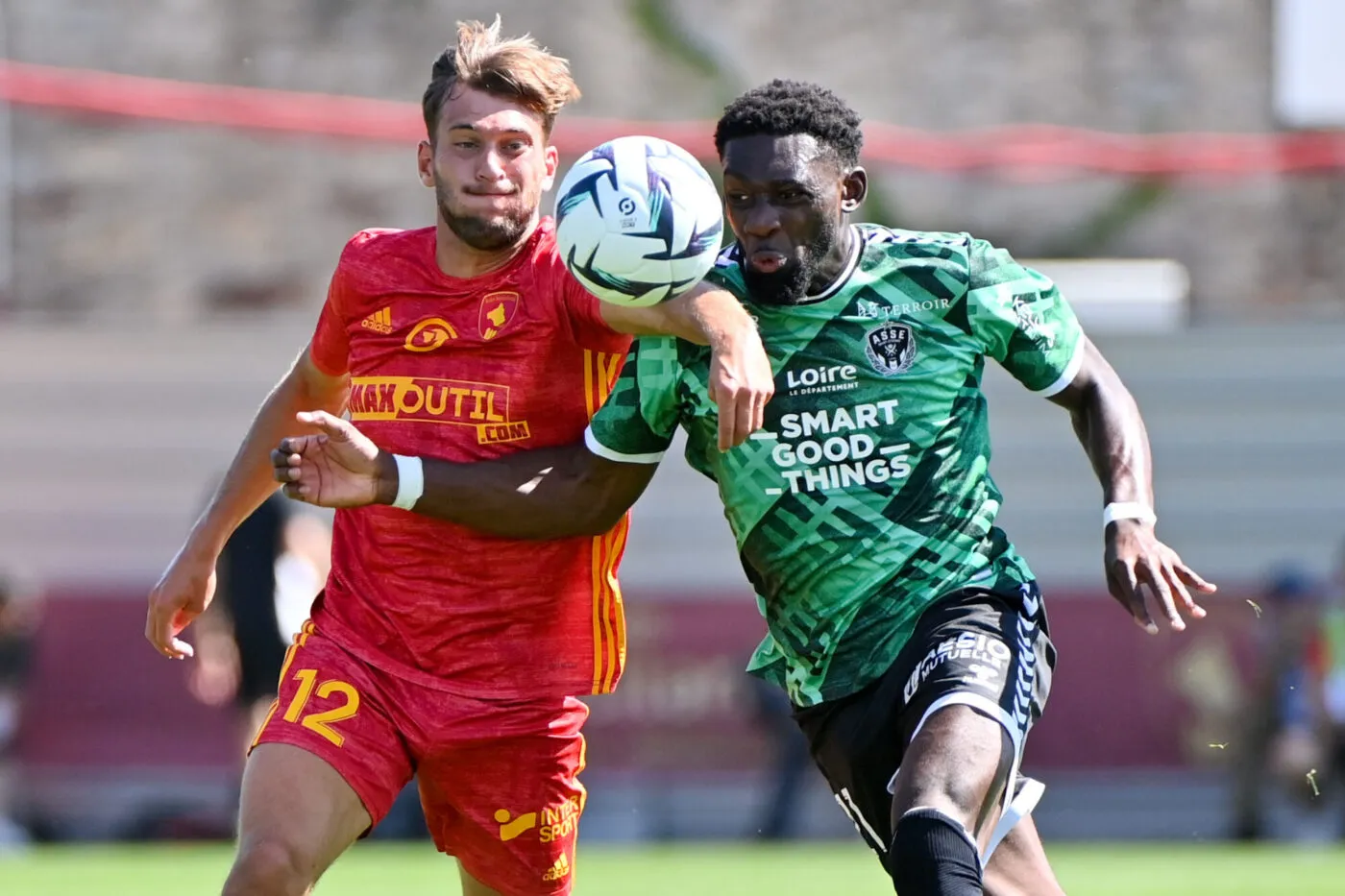 12 Kilian CORREDOR (raf) - 21 Dylan BATUBINSIKA (asse) during the Ligue 2 BKT match between Rodez and Saint Etienne at Paul Lignon Stadium on August 12, 2023 in Rodez, France. (Photo by Sylvain Thomas/FEP/Icon Sport)
