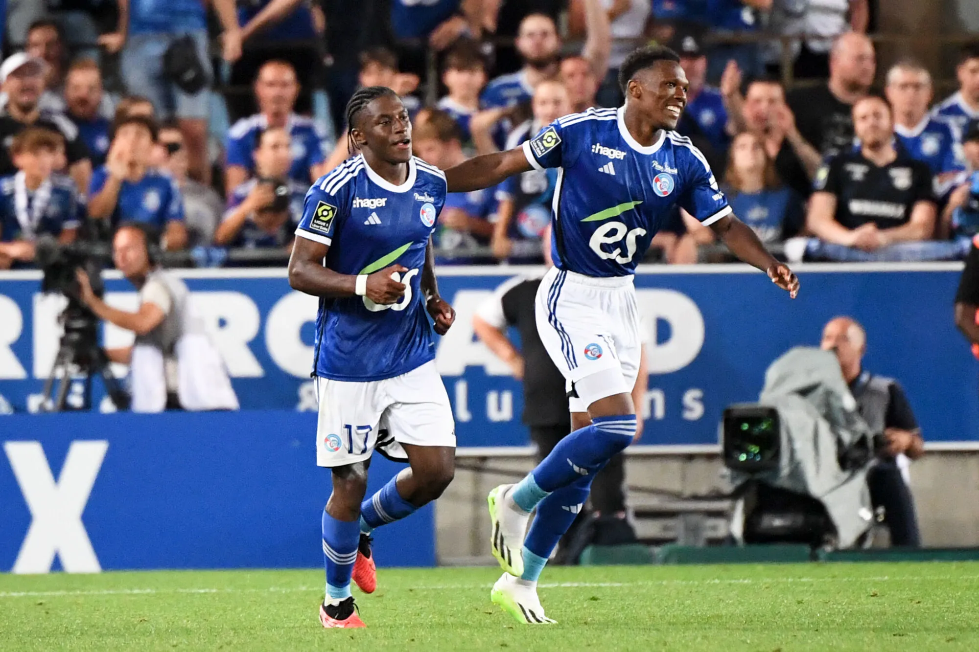 12 Lebo MOTHIBA (rcsa) - 17 Jean Ricner BELLEGARDE (rcsa) during the Ligue 1 Uber Eats match between Racing Club de Strasbourg and Olympique Lyonnais at Stade de la Meinau on August 13, 2023 in Strasbourg, France. (Photo by Anthony Bibard/FEP/Icon Sport)