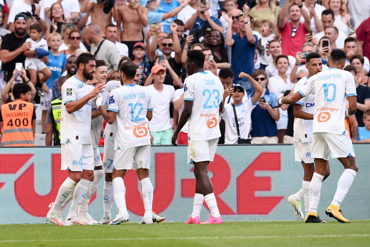 04 Samuel GIGOT (om) - 09 Vitor Manuel CARVALHO DE OLIVEIRA VITINHA (om) - 08 Azzeddine OUNAHI (om) during the Ligue 1 Uber Eats match between Marseille and Reims at Orange Velodrome on August 12, 2023 in Marseille, France. (Photo by Philippe Lecoeur/FEP/Icon Sport)