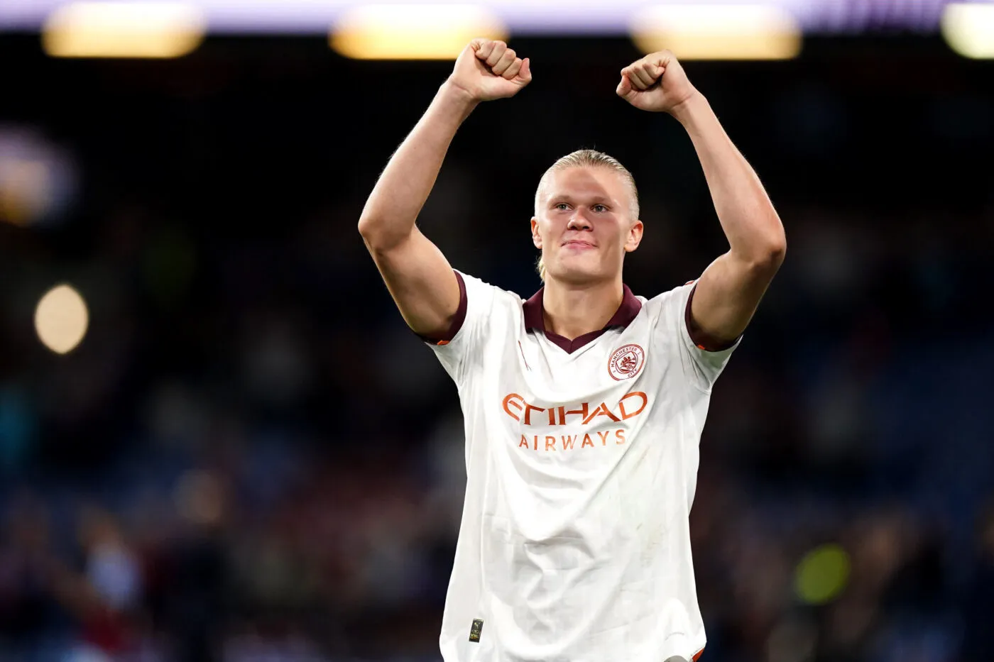 Manchester City's Erling Haaland celebrates victory after the final whistle in the Premier League match at Turf Moor, Burnley. Picture date: Friday August 11, 2023. - Photo by Icon sport