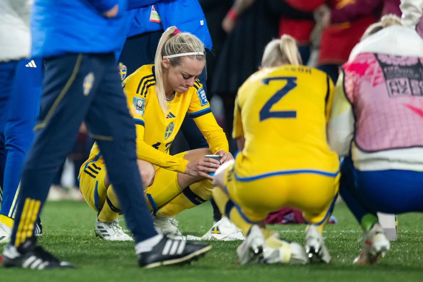 230815 Amanda Ilestedt of Sweden looks dejected after the FIFA Women's World Cup semifinal between Spain and Sweden on August 15, 2023 in Auckland. Photo: Jon Olav Nesvold / BILDBYRÅN / COP 217 / MB0694