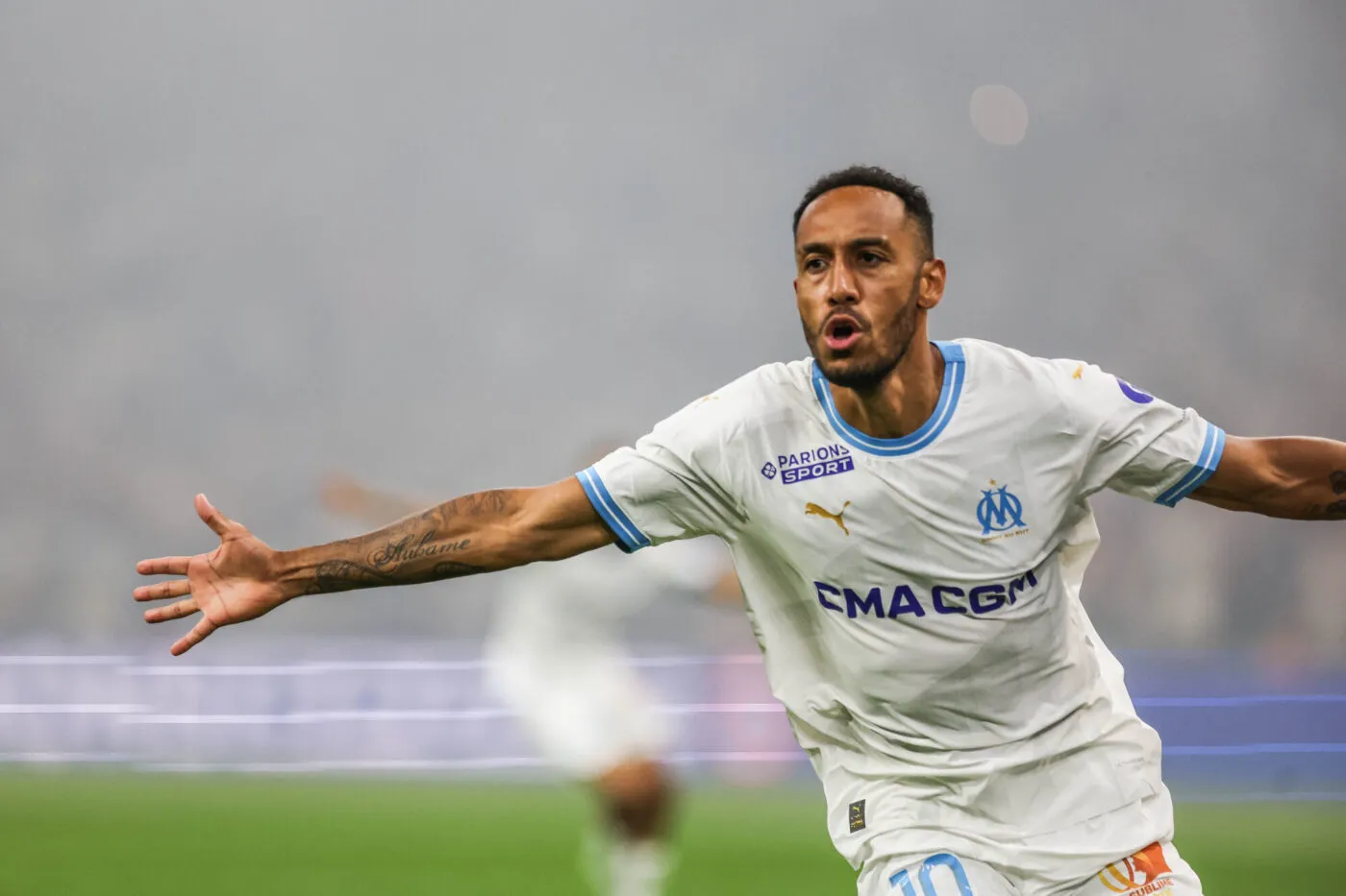 Pierre-Emerick AUBAMEYANG of Marseille celebrates his goal during the UEFA Champions League, Third Qualifying Round, second leg match between Marseille and Panathinaikos at Orange Velodrome on August 15, 2023 in Marseille, France. (Photo by Johnny Fidelin/Icon Sport)