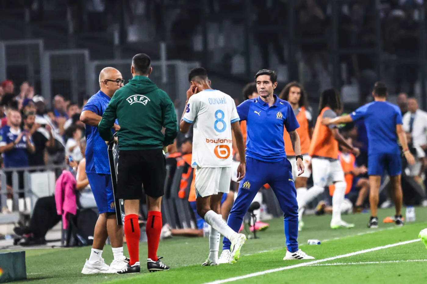 Azzedine OUNAHI and MARCELINO head coach of Marseille prior the UEFA Champions League, Third Qualifying Round, second leg match between Marseille and Panathinaikos at Orange Velodrome on August 15, 2023 in Marseille, France. (Photo by Johnny Fidelin/Icon Sport)