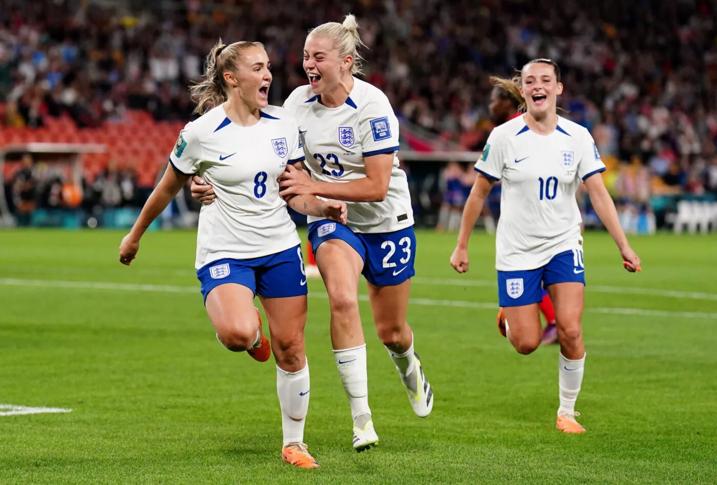 England's Georgia Stanway (left) celebrates scoring their side's first goal of the game during the FIFA Women's World Cup 2023, Group D match at Brisbane Stadium, Brisbane. Picture date: Saturday July 22, 2023. - Photo by Icon sport