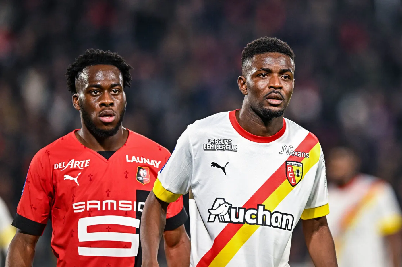 Arnaud KALIMUENDO of Rennes and Salis ABDUL SAMED of Lens during the French Ligue 1 Uber Eats soccer match between Rennes and Lens at Roazhon Park on April 1, 2023 in Rennes, France. (Photo by Baptiste Fernandez/Icon Sport)