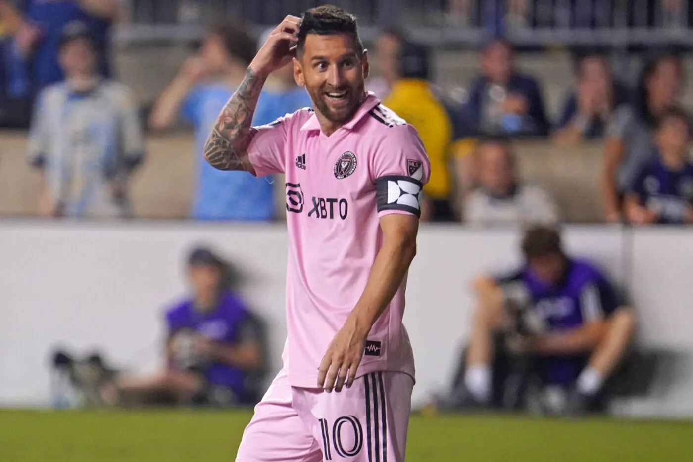 Aug 15, 2023; Chester, PA, USA; Inter Miami CF forward Lionel Messi (10) reacts after missing a shot against the Philadelphia Union during the second half at Subaru Park. Mandatory Credit: James Lang-USA TODAY Sports/Sipa USA - Photo by Icon sport