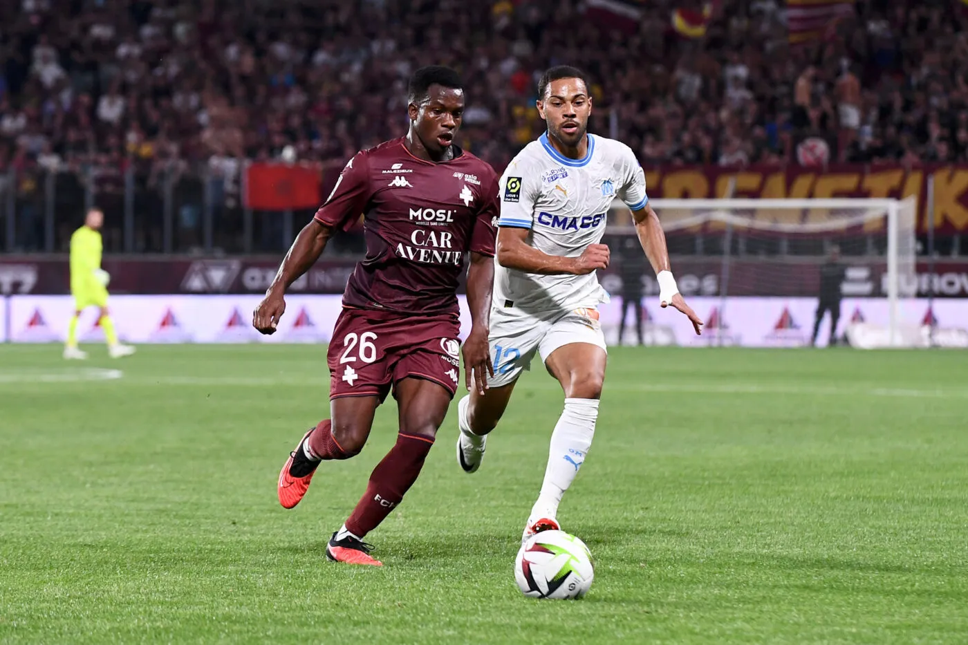 26 Malick MBAYE (fcm) - 12 Renan LODI (om) during the Ligue 1 Uber Eats match between Metz and Olympique de Marseille at Stade Saint-Symphorien on August 18, 2023 in Metz, France. (Photo by Philippe Lecoeur/FEP/Icon Sport)