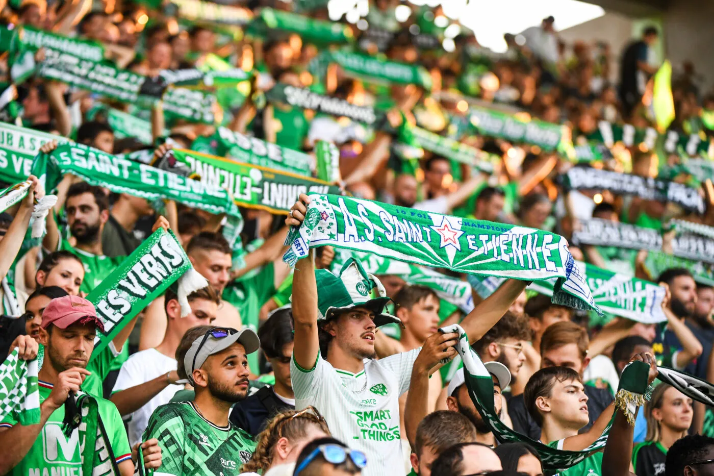 Fans of Saint Etienne during the Ligue 2 BKT match between Saint-Etienne and Quevilly-Rouen Metropole at Stade Geoffroy-Guichard on August 19, 2023 in Saint-Etienne, France. (Photo by Daniel Derajinski/Icon Sport)