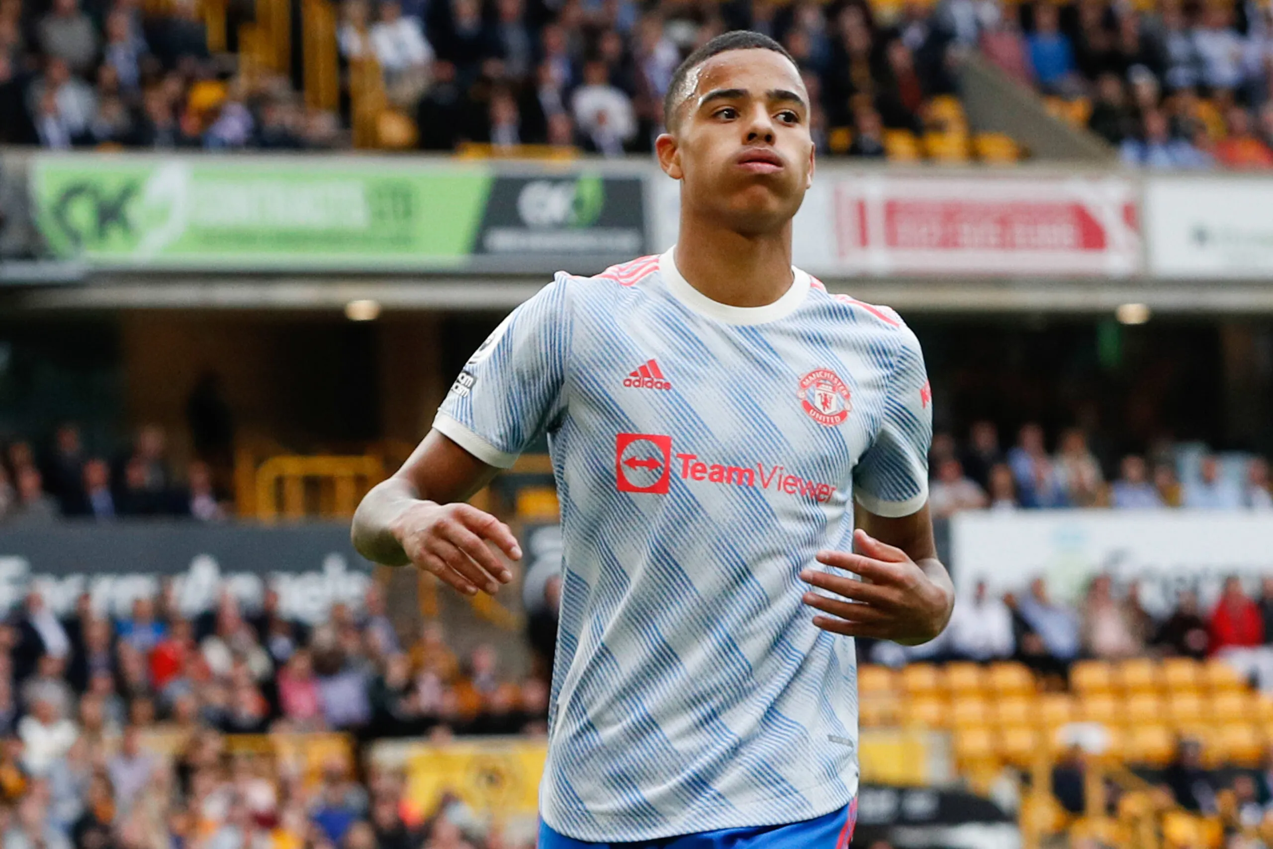 Wolverhampton, England, 29th August 2021. Mason Greenwood of Manchester United reacts to his shot fizzing past the post  during the Premier League match at Molineux, Wolverhampton. Picture credit should read: Darren Staples / Sportimage 