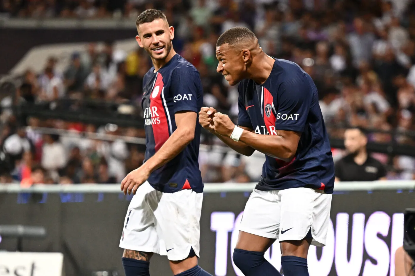 21 Lucas HERNANDEZ (psg) - 07 Kylian MBAPPE (psg) during the Ligue 1 Uber Eats match between Toulouse Football Club and Paris Saint-Germain Football Club at Stadium de Toulouse on August 19, 2023 in Toulouse, France. (Photo by Anthony Bibard/FEP/Icon Sport)