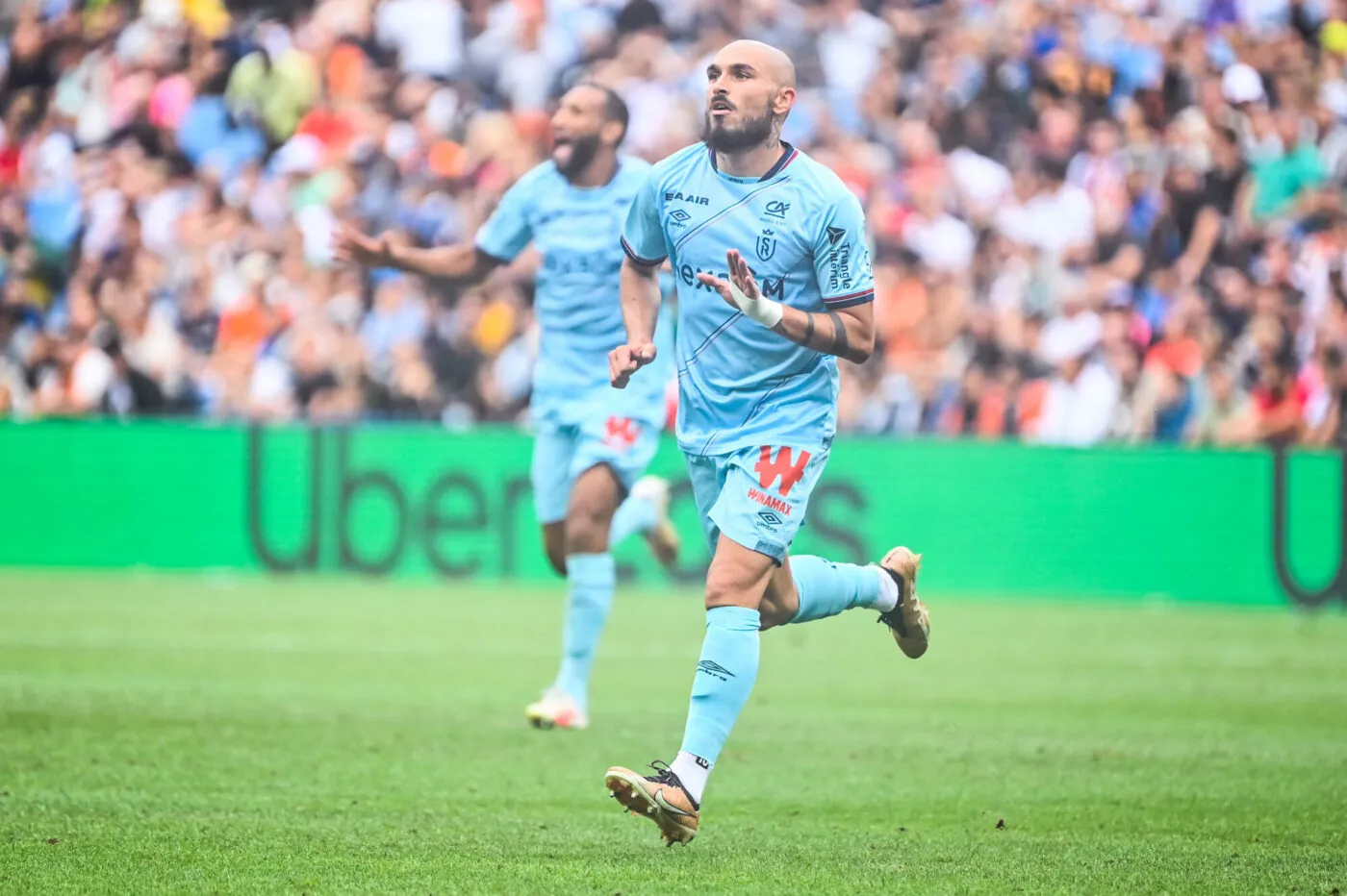 Teddy TEUMA of Reims celebrates during the Ligue 1 Uber Eats match between Montpellier Herault Sports Club and Stade de Reims at Stade de la Mosson on August 27, 2023 in Montpellier, France. (Photo by Alexandre Dimou/Alexpress/Icon Sport)