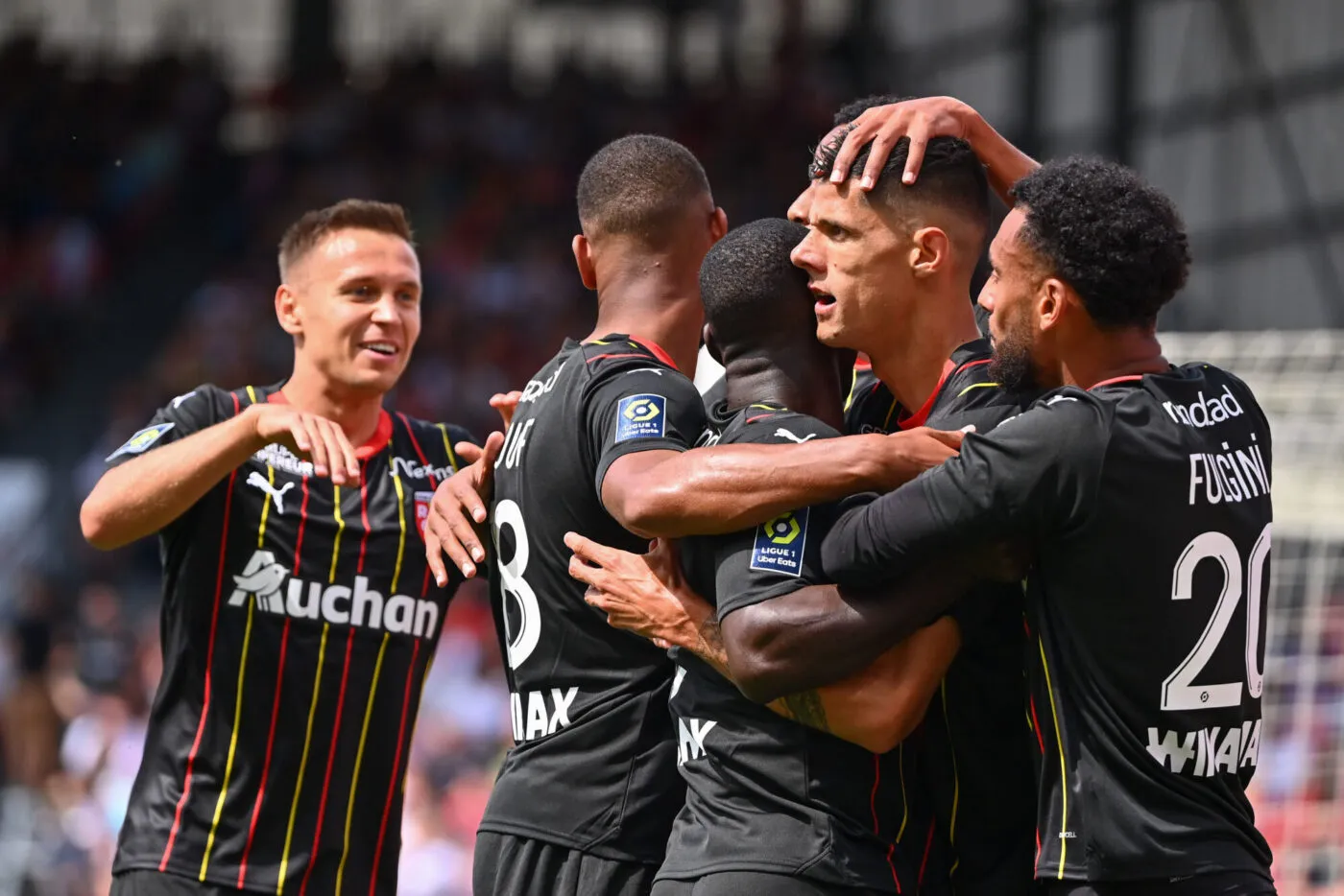 Florian SOTOCA of Rc Lens celebrates his goal with his team mates during the Ligue 1 Uber Eats match between Stade Brestois 29 and RC Lens at Stade Francis Le Ble on August 13, 2023 in Brest, France. (Photo by Anthony Dibon/Icon Sport)