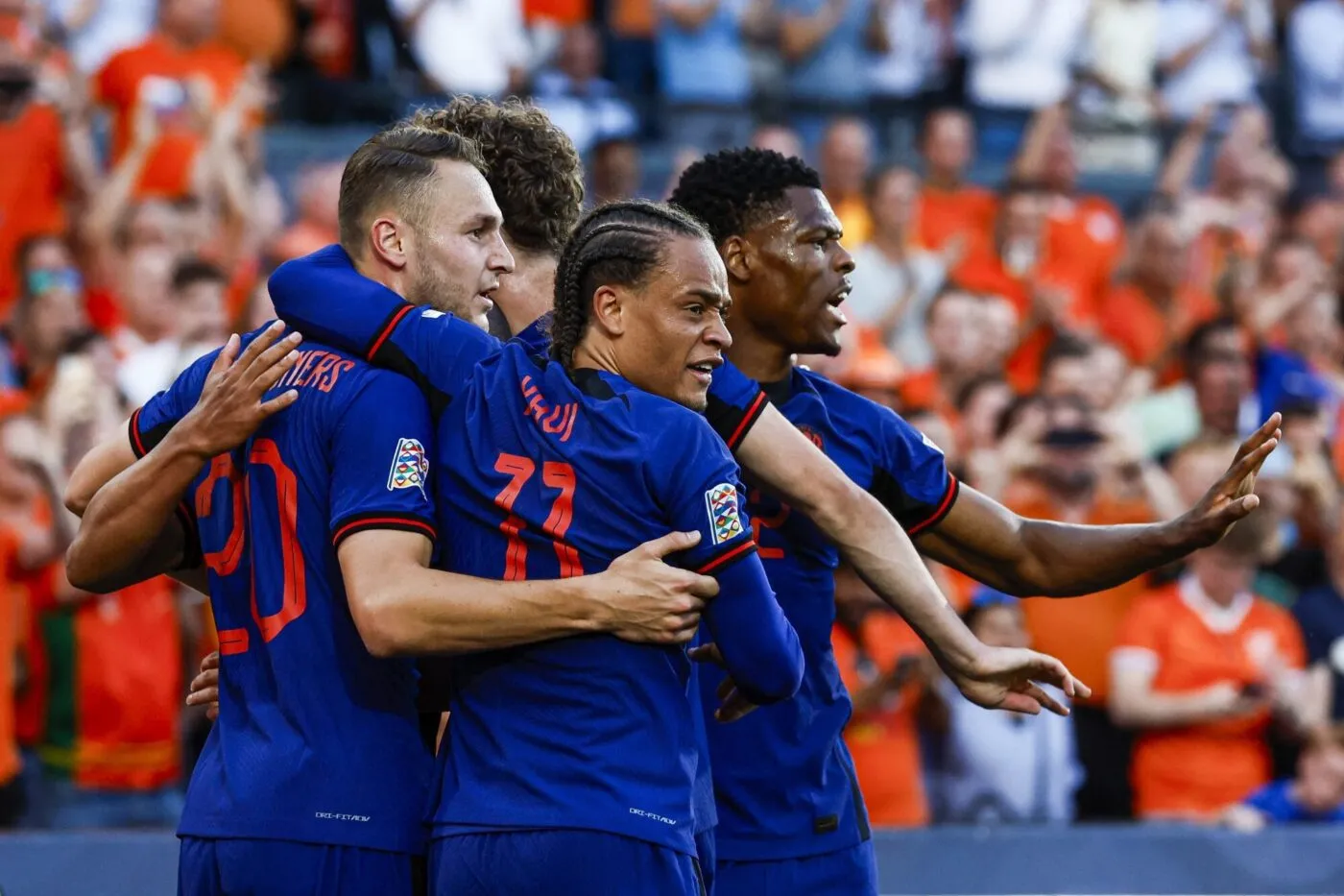 ROTTERDAM - Teun Koopmeiners of Holland, Xavi Simons of Holland, Denzel Dumfries of Holland celebrate the 1-0 during the UEFA Nations League semi-final match between the Netherlands and Croatia at Feyenoord Stadion de Kuip on June 14, 2023 in Rotterdam, Netherlands. ANP KOEN VAN WEEL - Photo by Icon sport