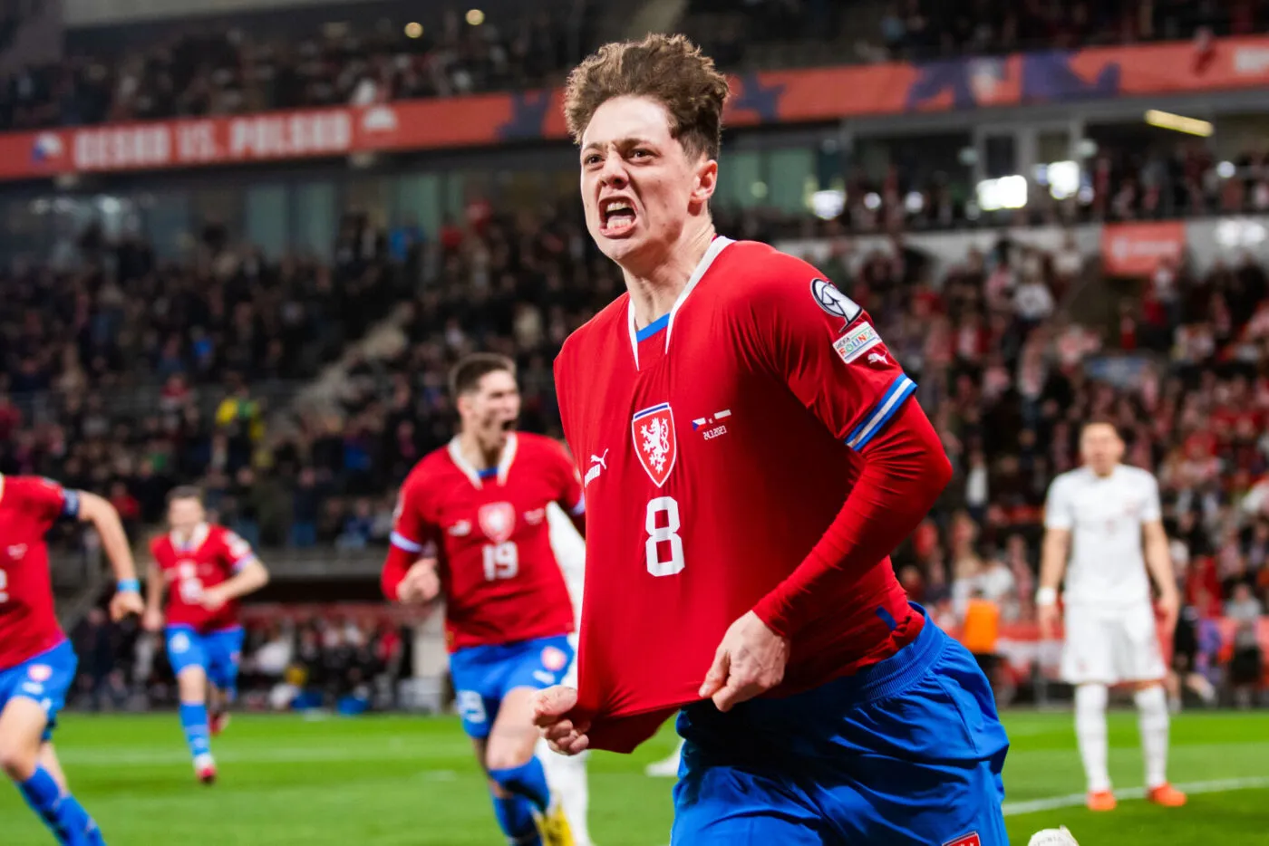 Ladislav Krejci of Czechia celebrates scoring during the UEFA European Qualifiers Group E match between Czechia and Poland at Fortuna Arena in Prague, Czech Republic on March 24, 2023 (Photo by Andrew SURMA/ SIPA USA). - Photo by Icon sport