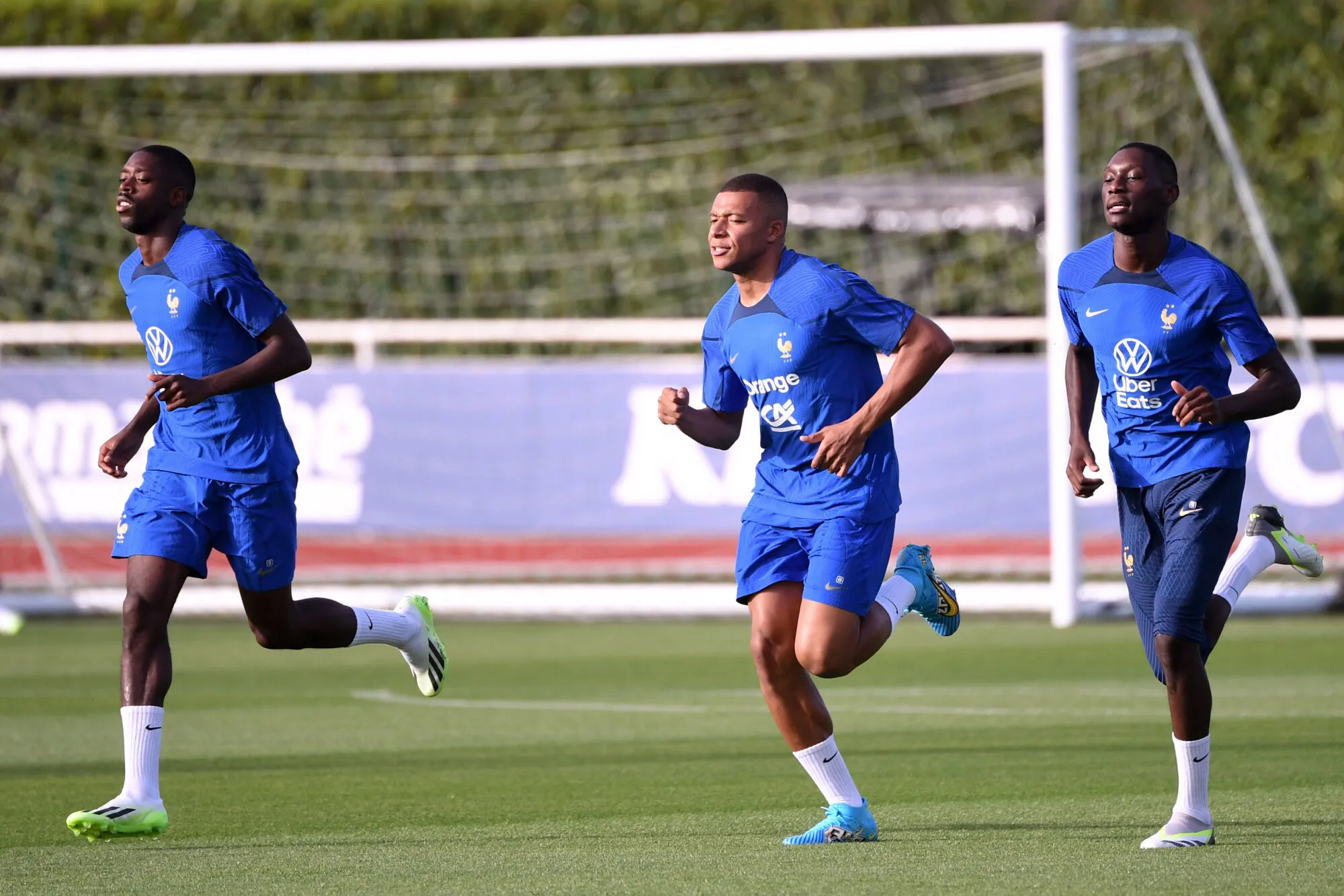 11 Ousmane DEMBELE (fra) - 10 Kylian MBAPPE (fra) - 12 Randal KOLO MUANI (fra) during the training session of French Football National at INF Clairefontaine on September 5, 2023 in Clairefontaine, France. (Photo by Anthony Bibard/FEP/Icon Sport)