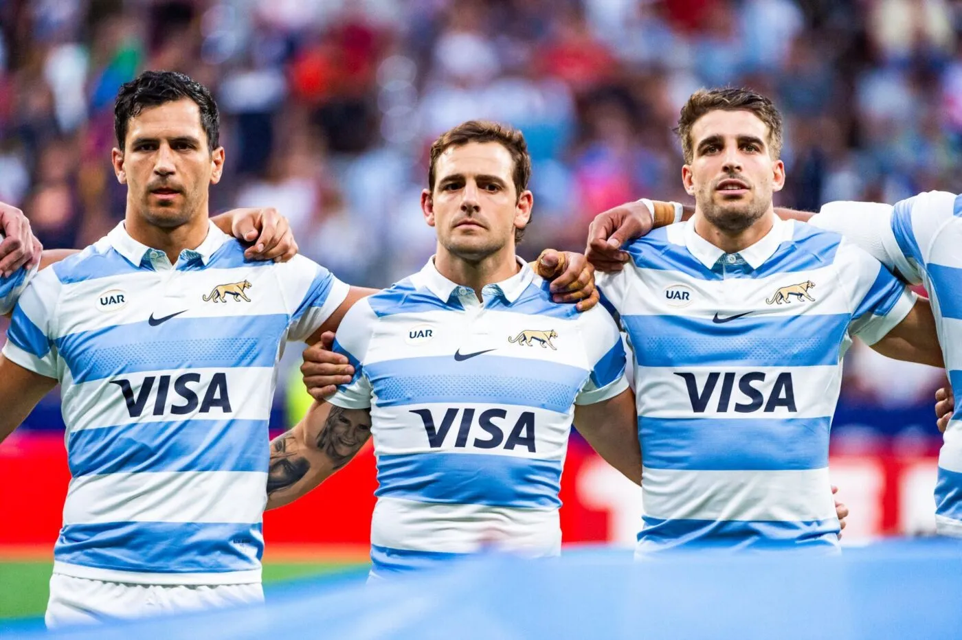Juan Cruz Mallia (Argentina), Nicolas Sanchez (Argentina) and Matias Moroni (Argentina) during the national anathem before the rugby match between Spain and Argentina (los Pumas) played at Estadio Civitas Metropolitano on August 26, 2023 in Madrid, Spain Photo by Icon Sport