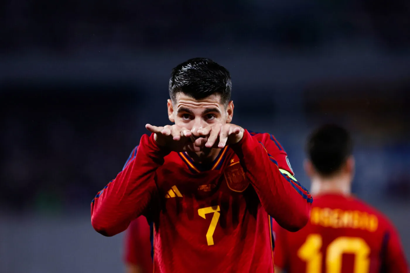 Partido de clasificación para la Eurocopa 2024 disputado entre Georgia y España. En la imagen, Morata celebra un tanto.