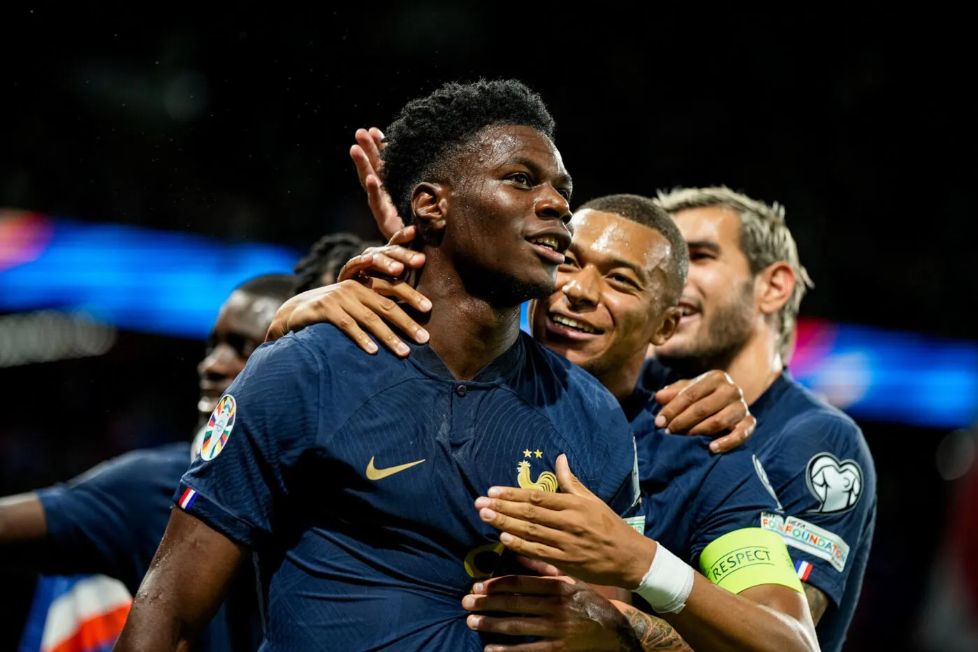 Aurelien TCHOUAMENI of France celebrate his goal with Kylian MBAPPE of France during the Group B - UEFA EURO 2024 Qualifying Round match between France and Ireland at Parc des Princes on September 7, 2023 in Paris, France. (Photo by Hugo Pfeiffer/Icon Sport)