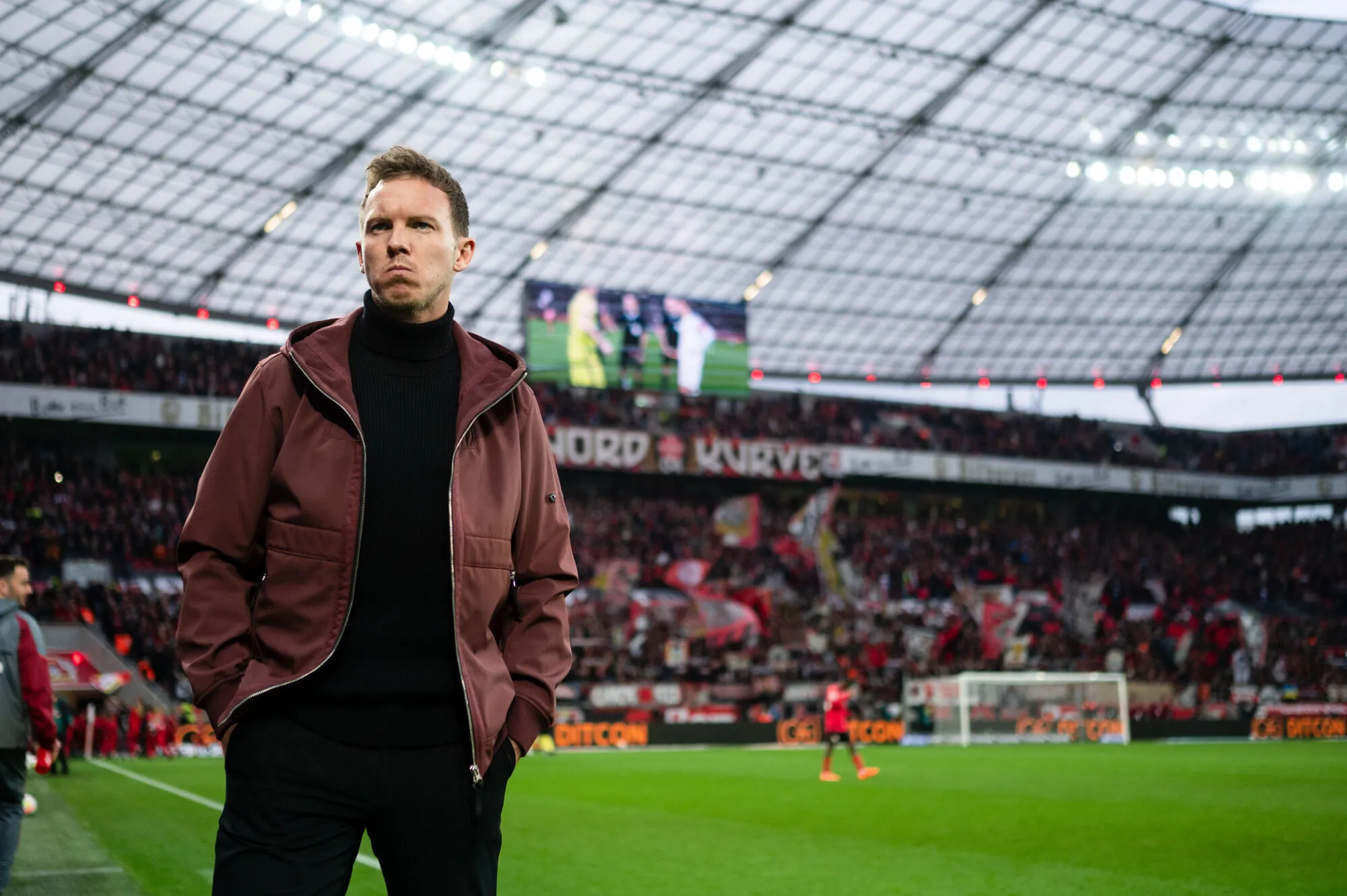 19 March 2023, North Rhine-Westphalia, Leverkusen: Soccer: Bundesliga, Bayer Leverkusen - Bayern Munich, Matchday 25, BayArena. Bayern coach Julian Nagelsmann enters the stadium. Photo: Marius Becker/dpa - IMPORTANT NOTE: In accordance with the requirements of the DFL Deutsche Fußball Liga and the DFB Deutscher Fußball-Bund, it is prohibited to use or have used photographs taken in the stadium and/or of the match in the form of sequence pictures and/or video-like photo series. - Photo by Icon sport