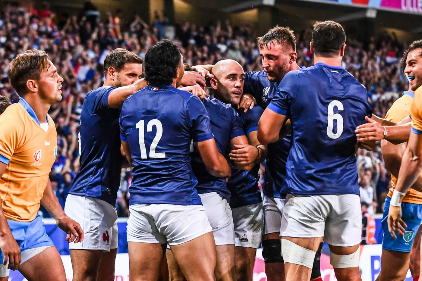 Antoine HASTOY of France celebrates his try during the Rugby World Cup 2023 match between France and Uruguay at Stade Pierre Mauroy on September 14, 2023 in Lille, France. (Photo by Philippe Lecoeur/FEP/Icon Sport)