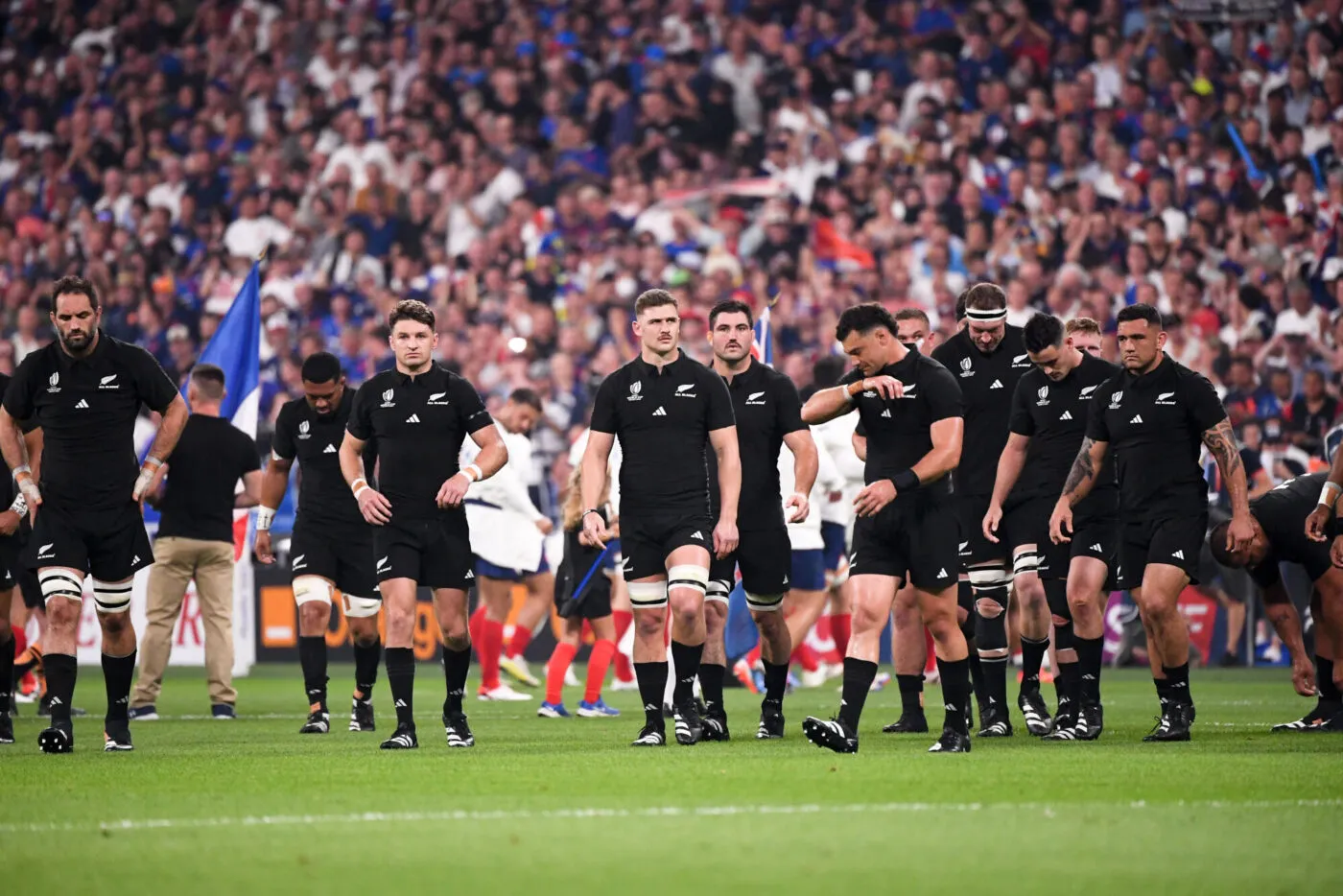 Team New Zealand during the Rugby World Cup a match between at France and New Zealand at Stade de France on September 8, 2023 in Paris, France. (Photo by Anthony Bibard/FEP/Icon Sport)