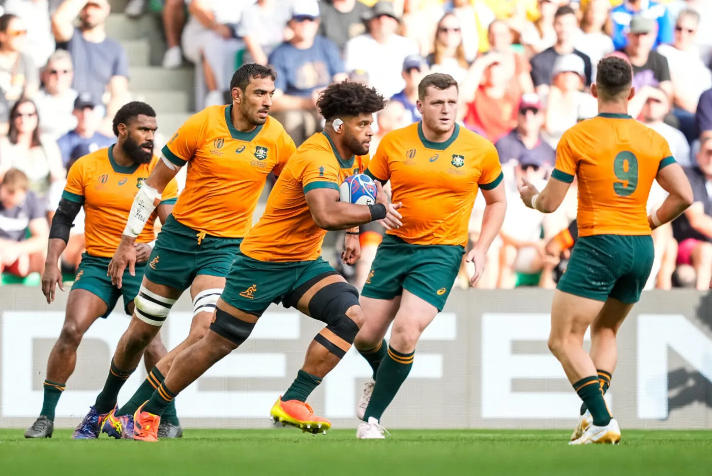 Angus BELL of Australia, Richard ARNOLD of Australia and Rob VALETINI of Australia during the Rugby World Cup 2023 match between Australia and Fiji at Stade Geoffroy-Guichard on September 17, 2023 in Saint-Etienne, France. (Photo by Hugo Pfeiffer/Icon Sport)