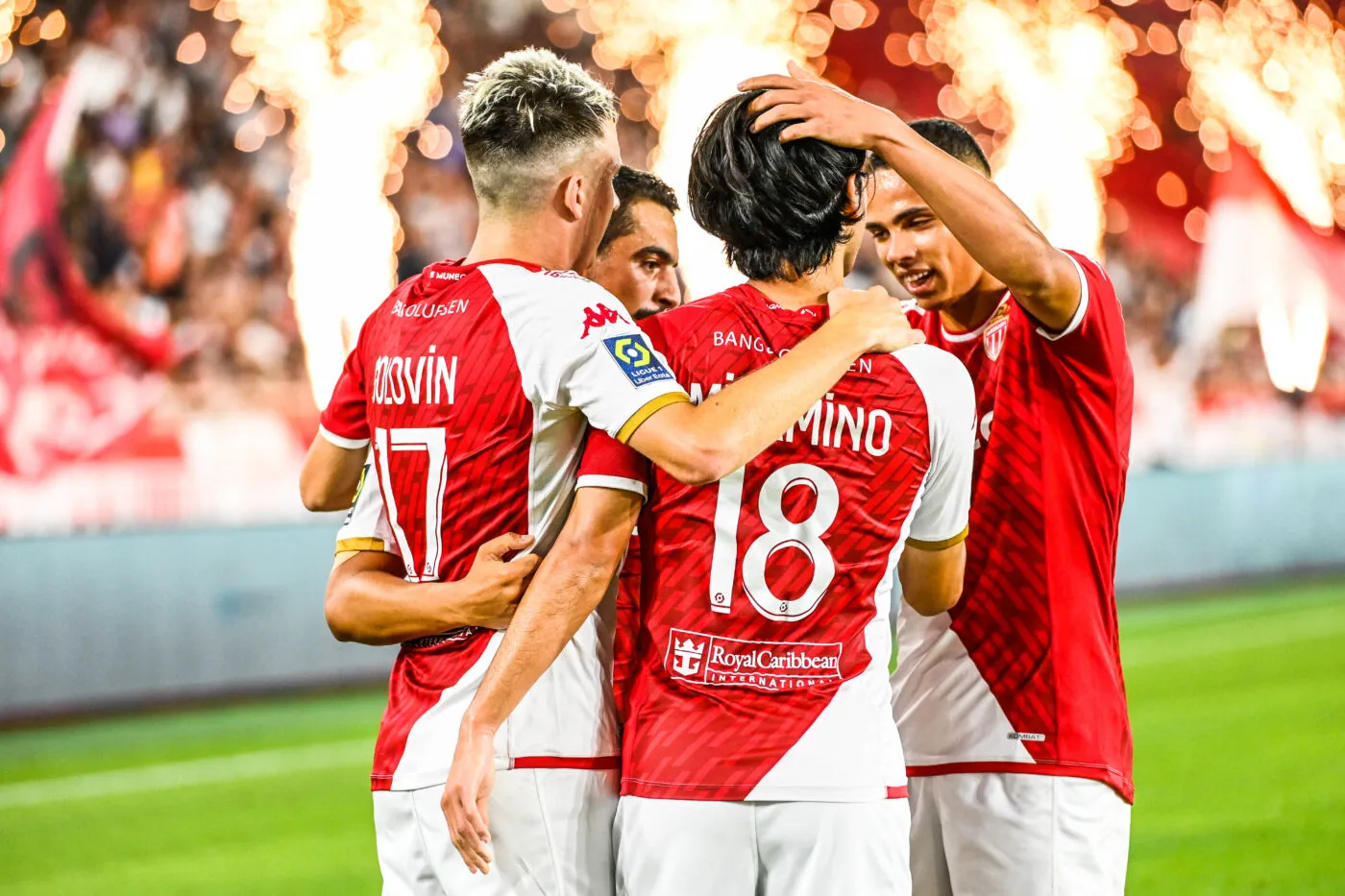 Aleksandr GOLOVIN of Monaco celebrates his goal with teammates during the Ligue 1 Uber Eats match between Association Sportive de Monaco Football Club and Racing Club de Lens at Stade Louis II on September 2, 2023 in Monaco, Monaco. (Photo by Pascal Della Zuana/Icon Sport)